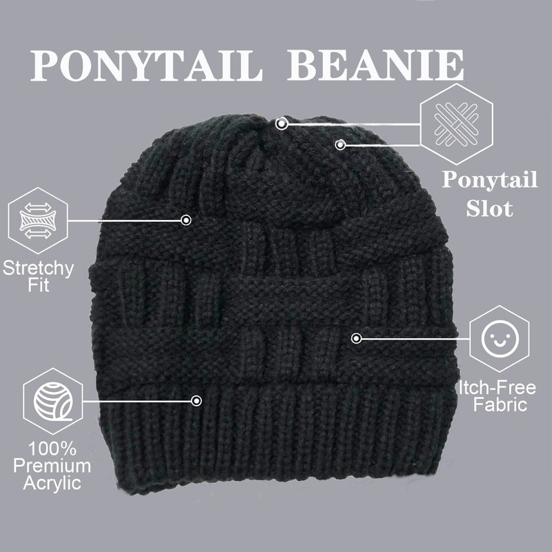 Bocianelli Womens High Messy Bun Beanie Hat with Ponytail Hole, Winter Warm Trendy Knit Ski Skull Cap Classic-Black - Image 2